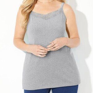 Catherines Suprema Heather Gray Cotton Stretch Camisole /W Lace 2XWP-(Petite)NWT